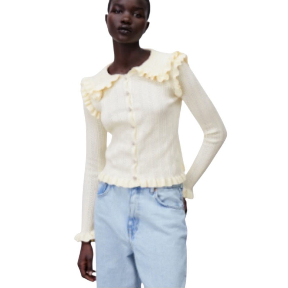 ZARA Cream Ruffled Knitted Cardigan M Cottagecore Whimsigoth Vintage-Inspired